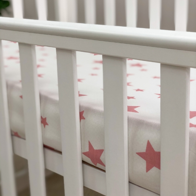 Husa saltea patuț bebe copii din bumbac 120 x 60 cm, Stelute roz (3)